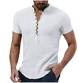 thumbnail image 1 of Dagegui Mens Cotton Linen Shirts Short Sleeve V Neck Henley Shirt Solid Color T-Shirts Lightweight Pullover Tops Casual Outdoor Vacation Travel Tees White,XXL, 1 of 4