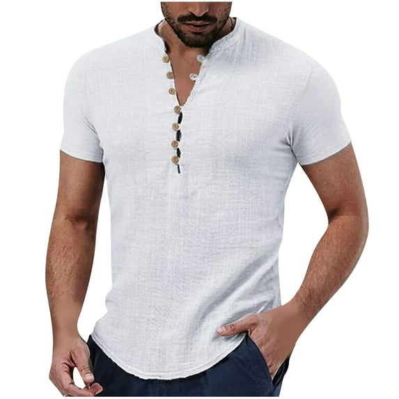 Dagegui Mens Cotton Linen Shirts Short Sleeve V Neck Henley Shirt Solid Color T-Shirts Lightweight Pullover Tops Casual Outdoor Vacation Travel Tees White,XXL