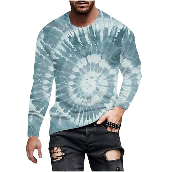 Dagegui Mens Crew Neck Shirts Tie-Dye Long Sleeve T-Shirts Big and Tall Outdoor Athletic Shirt Fall Clothes Gradient Color Casual Pullover Tops Blue,S