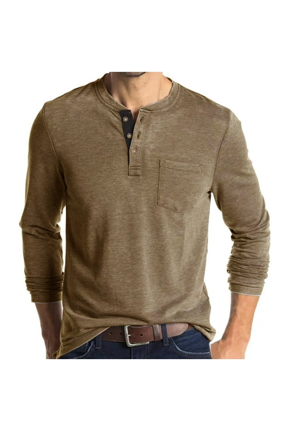 Mens Henly Shirts Solid Long Sleeve Crew Neck T-Shirts with Pocket Cotton Buttons Slim Fit Shirt Trendy Work Tops Khaki M