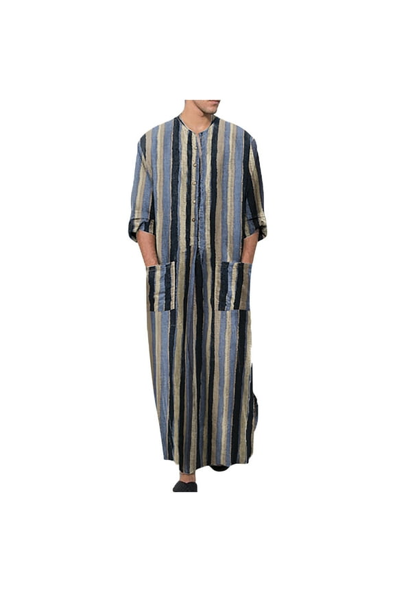 Mens Striped Robe Button Up Long Sleeve Kaftan Thobe with Pockets Woven Casual Loose Fit Gown Fall Clothes Blue,S