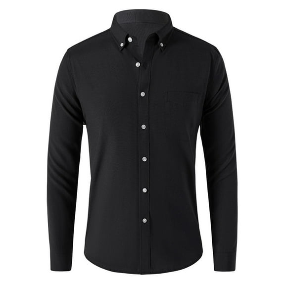 Dagegui Today Sales! Mens Dress Shirts Cotton Long Sleeve Lapel Shirt Solid Color Wrinkle Free Button Down Tops Big and Tall Work Business Shirt Tees Black,M