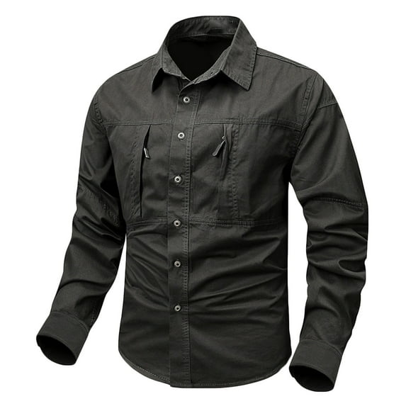 Dagegui Today Sales! Mens Work Shirts Lightweight Long Sleeve Button Down T-Shirts Big and Tall Cargo Shirt Solid Color Quick Dry Tees Tops for Outdoor Hiking Black,L