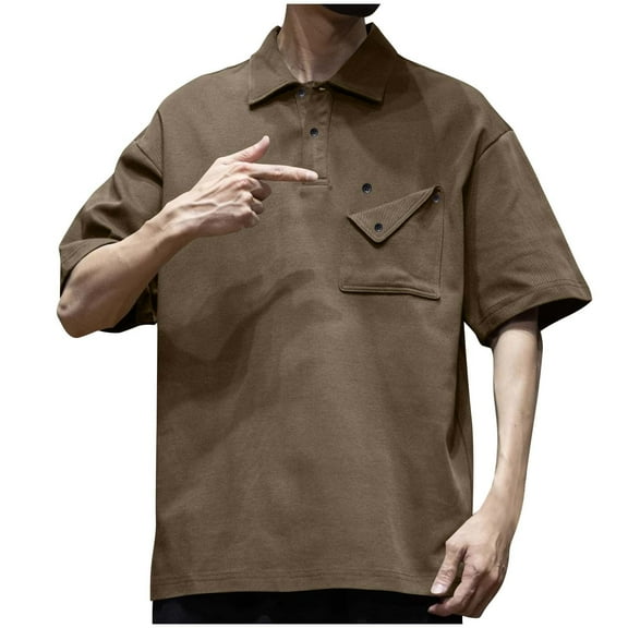 Dagegui Turndown Collar Short Sleeve T Shirt for Men Coffee Casual Loose Fit Shirts Streetwear Summer Chest Pocket T-Shirt Tops 2X