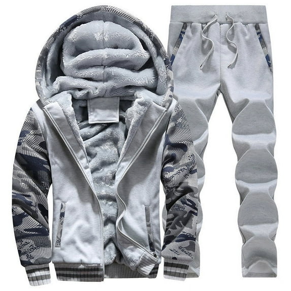 Dagegui Two Pieces Sets for Men Fleece Camo Long Sleeve Outfits Full Zip Up Winter Warm Hooded Jackets Big and Tall Slim Fit Pants Tracksuits Gray XL