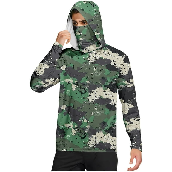 Dagegui UPF 50  Hoodie Mens Sunscreen Shirts Camo Long Sleeve Hooded Fishing Tee Summer UV Protection Sun T-Shirts Outdoor Rash Guard Pullover Tops Army Green L