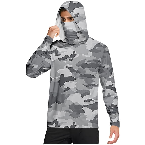 Dagegui UPF 50+ Hoodie Mens Sunscreen Shirts Camo Long Sleeve Hooded Fishing Tee Summer UV Protection Sun T-Shirts Outdoor Rash Guard Pullover Tops Gray M