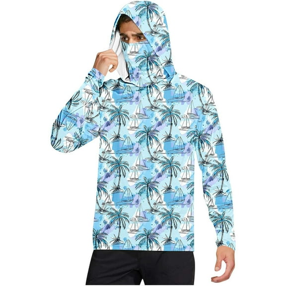 Dagegui UPF 50+ Long Sleeve Sun Shirt for Men Quick Dry UV Protection Fishing T-Shirt Lightweight Pullover Hoodie with Face Mask Summer Tops Sky Blue XXL