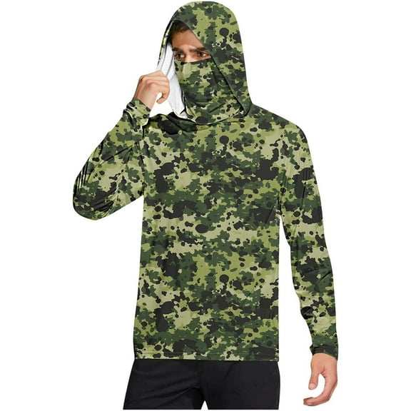 Dagegui UPF 50  Men’s Hiking Shirts Camo Long Sleeve Fishing Hoodie with Face Mask Sun Protection UV Fishing T-Shirt Quick Dry Gym Workout Tees Green L