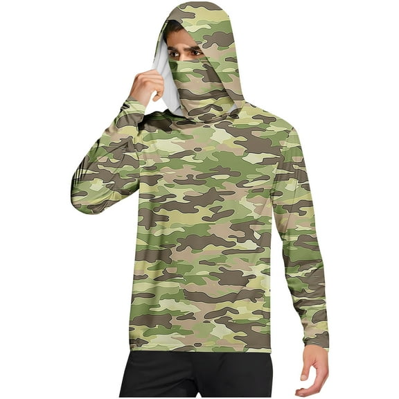 Dagegui UPF 50  Men’s Hooded Shirts with Face Mask Long Sleeve Camo Fishing Shirt UV Sun Protection T-Shirt Outdoor Hiking Camping Travel Tops Green L