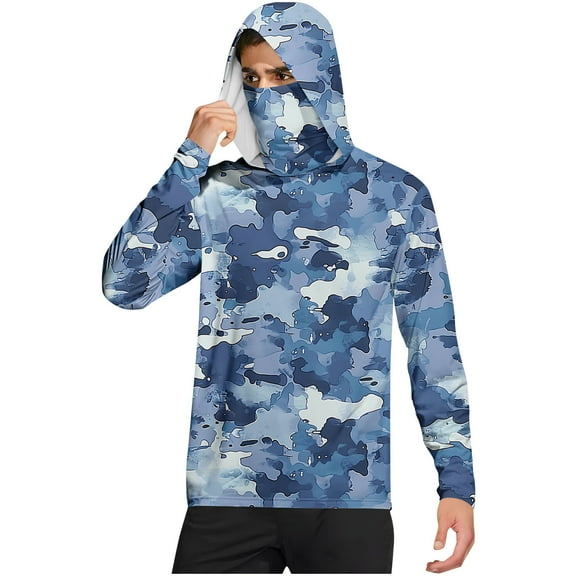 Dagegui UPF 50  Men’s Hooded Shirts with Face Mask Long Sleeve Camo Fishing Shirt UV Sun Protection T-Shirt Outdoor Hiking Camping Travel Tops Navy L