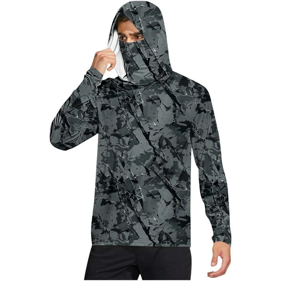 Dagegui UV Fishing Shirts for Men Camo Long Sleeve UPF 50+ Sun Protection Hoodies with Face Mask Rash Guard Pullover Tops Lightweight Outdoor Athletic Tees Z_Camo Gray,L