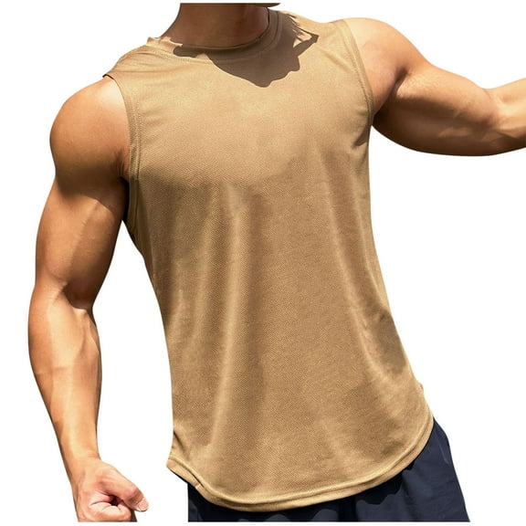 Dagegui Under $10 Men’s Quick-Dry Muscle Tank Tops Mesh Breathable Gym Running Shirts Sleeveless Outdoor Workout Athletic T-Shirts Khaki M