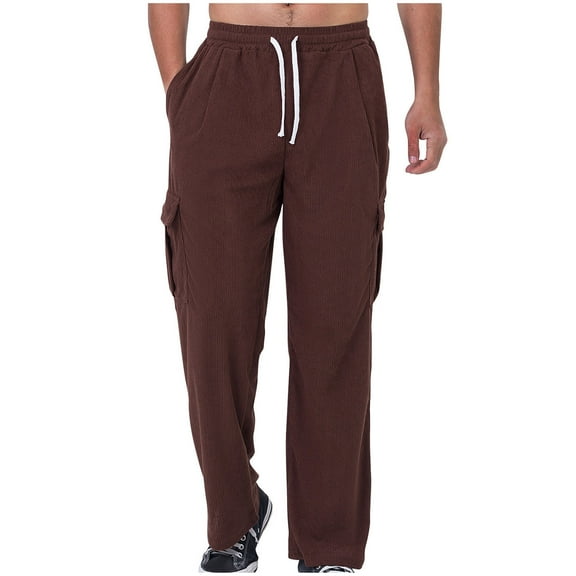 Dagegui Under $15 Mens Corduroy Cargo Pants Drawstring Elastic Waist Open Bottom Sweatpants Baggy Straight Leg Jogger Pants with Pockets Wine,S