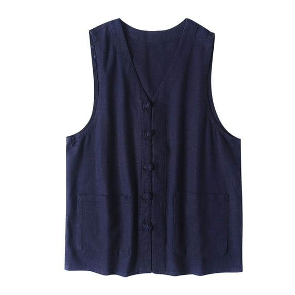 Dagegui Mens Plus Size Linen Vest Casual Button Down Sleeveless Jackets Vintage V-Neck Pockets Tank Tops Navy M