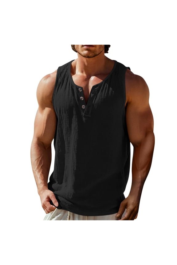 V-Neck Henley Shirts for Men Linen Sleeveless Tank Tops Summer Solid Color Beach Tanks Lightweight Breathable Daily Vest Black XXL