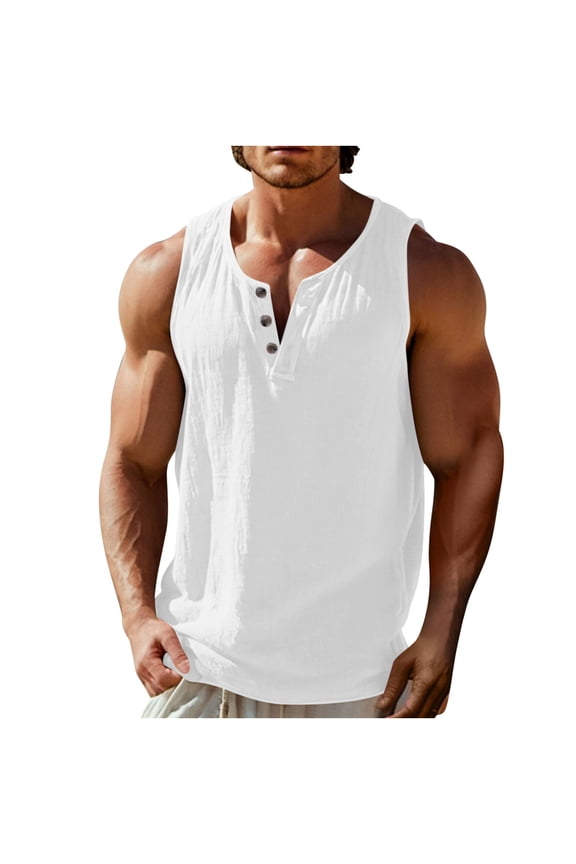 V-Neck Henley Shirts for Men Linen Sleeveless Tank Tops Summer Solid Color Beach Tanks Lightweight Breathable Daily Vest White M
