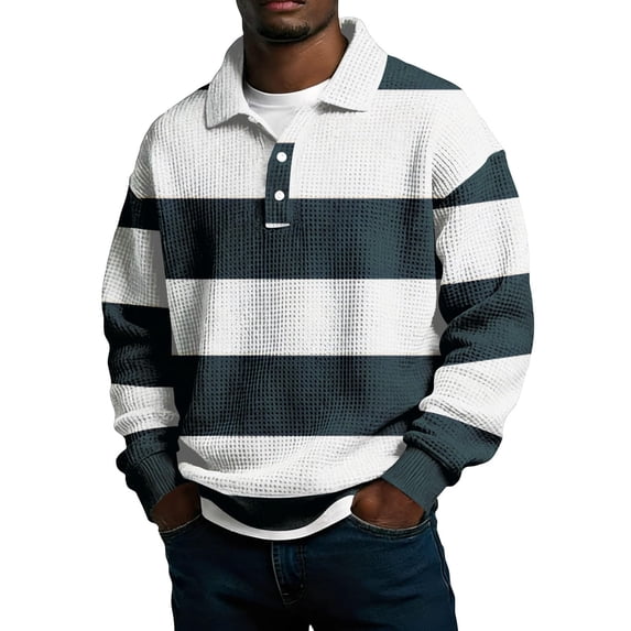 Dagegui Waffle Knit Long Sleeve Shirts for Men Trendy Striped Golf Shirt Fall Collared Button Up Pullover Tops Army Green M