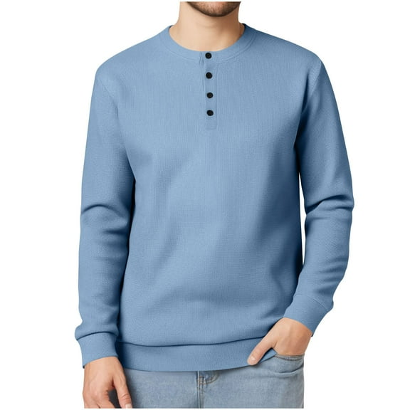 Dagegui Waffle Long Sleeve Tops for Men Stylish Button Henley Shirts Casual Pullover Tops Solid Crewneck Tee Light Blue S