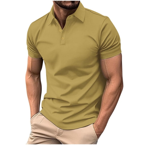 Dagegui Waffle Mens Golf Shirts Yellow Short Sleeve Button Down Pullover Shirt Summer Work Basic Tshirts L