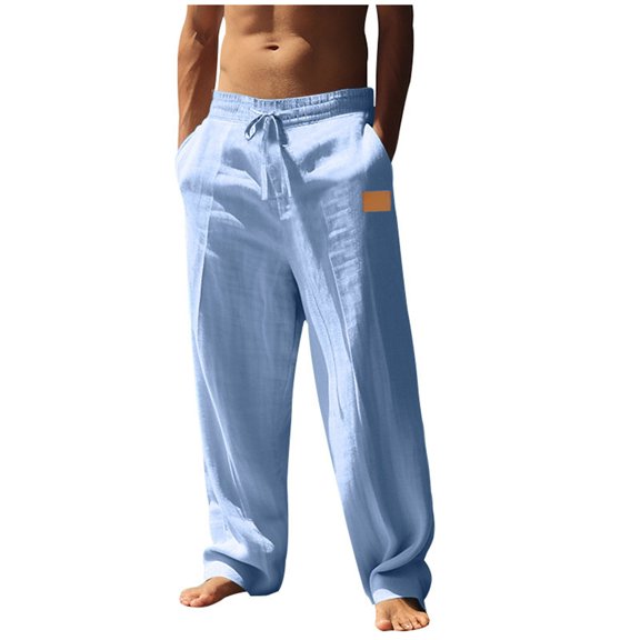 Dagegui Wide Leg Pants for Men Casual Elastic Waist Linen Pant Summer Solid Color Beach Vacation Trousers with Pockets Light Blue XXXL