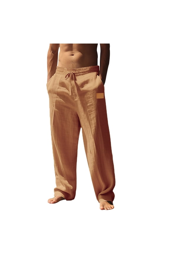 Wide Leg Pants for Men Casual Elastic Waist Linen Pant Summer Solid Color Beach Vacation Trousers with Pockets Yellow M