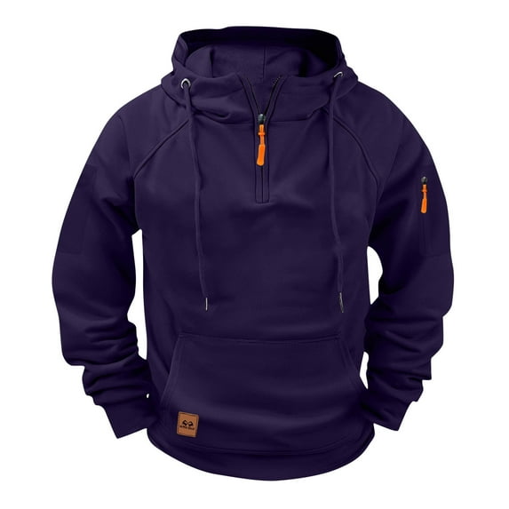 Dagegui Winter Sweatshirt for Men Solid Quarter Zip Hoodies Fleece Long Sleeve Hooded Pullover Outdoor Pocket Athletic Hiking Tops Purple XL