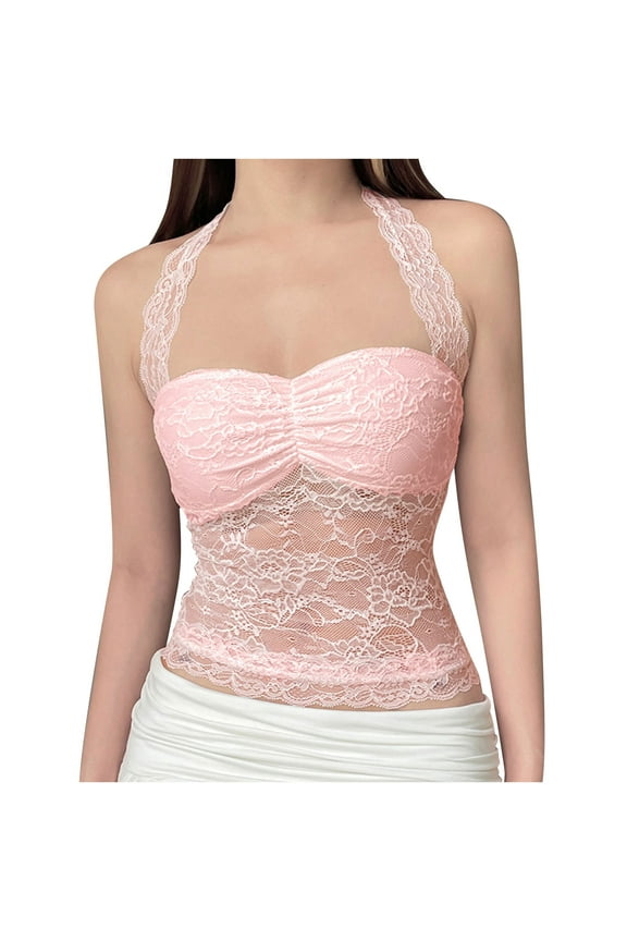 Women's Bras M Womens Gothic Halter Tops Lace Sheer Longline Bras Strapless Crop Going Out Camisole with Pad Pink
