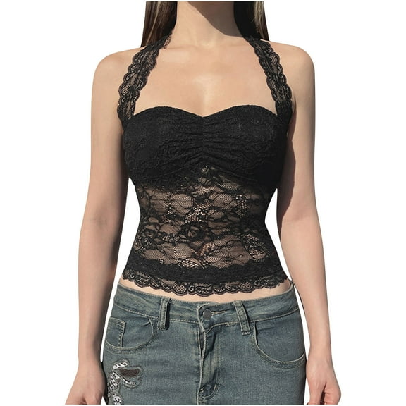 Dagegui Women's Bras S Womens Gothic Halter Tops Lace Sheer Longline Bras Strapless Crop Going Out Camisole with Pad Black