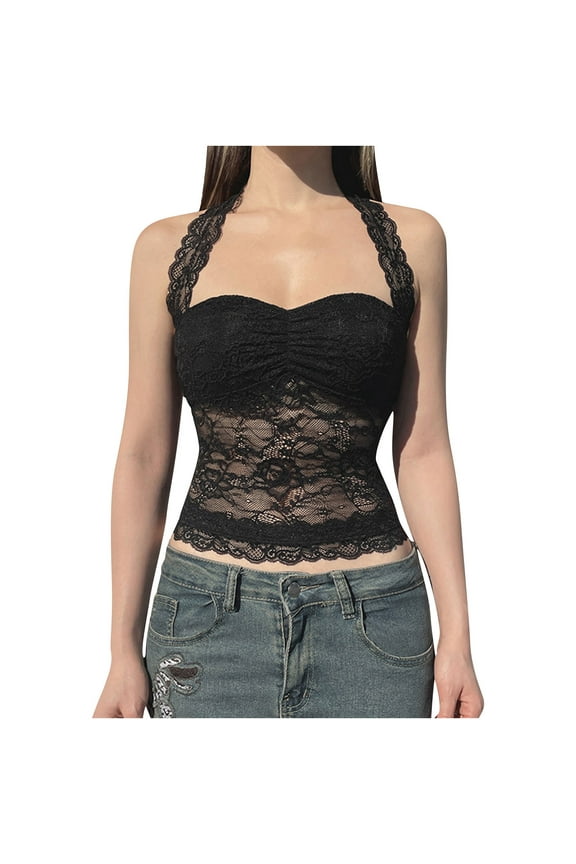 Women's Bras S Womens Gothic Halter Tops Lace Sheer Longline Bras Strapless Crop Going Out Camisole with Pad Black