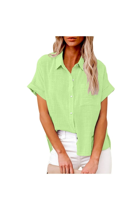 Women's Button Down Cotton Linen Shirts Roll-Up Short Sleeve Blouse Plus Size V Neck Collared Tees Casual Tops with Chest Pocket Mint Green S-5XL