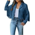 thumbnail image 1 of Dagegui Women's Faux Suede Fringe Jackets Long Sleeve Open-Front Short Coat Solid Color Slim Fit Lapel Motorcycle Jacket Fall Tassel Cropped Coats Today Deals Dark Blue 2XL, 1 of 8