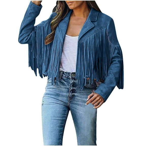 Dagegui Women's Faux Suede Fringe Jackets Long Sleeve Open-Front Short Coat Solid Color Slim Fit Lapel Motorcycle Jacket Fall Tassel Cropped Coats Dark Blue S