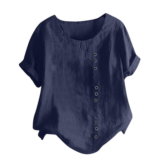 Dagegui Women's Plus Size T-Shirts Cotton Linen Crew Neck Buttons Shirts Casual Rolled Up Short Sleeve Tops Vintage Blouse Navy S-5XL