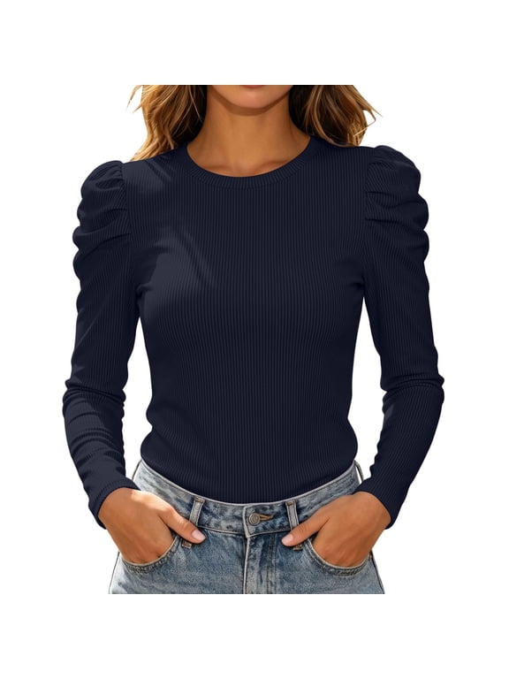 Women's Round Neck Shirts Puff Long Sleeve Going Out Tops Ribbed Knit Fall Slim Fit Blouse Elegant Work Office Base Layer Tee Navy S