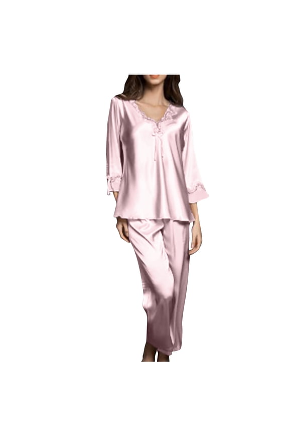 Women's Satin Pajamas Set Cute Lace V Neck Long Sleeve Tops with Pants Pjs Sets Soft Comfy Loungewear Casual Loose Nightwear Outfits Pink L
