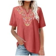 thumbnail image 1 of Dagegui Women's Summer T-Shirts Cotton Linen Short Sleeve Notch V Neck Shirts Casual Loose Fit T Shirt Trendy Mexican Embroidered Blouses ZD Red S, 1 of 5