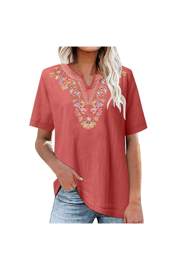 Women's Summer T-Shirts Cotton Linen Short Sleeve Notch V Neck Shirts Casual Loose Fit T Shirt Trendy Mexican Embroidered Blouses ZD Red XL