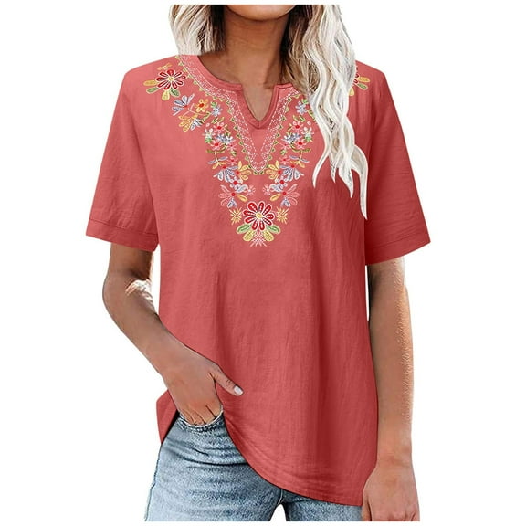 Dagegui Women's Summer T-Shirts Cotton Linen Short Sleeve Notch V Neck Shirts Casual Loose Fit T Shirt Trendy Mexican Embroidered Blouses ZD Red XL
