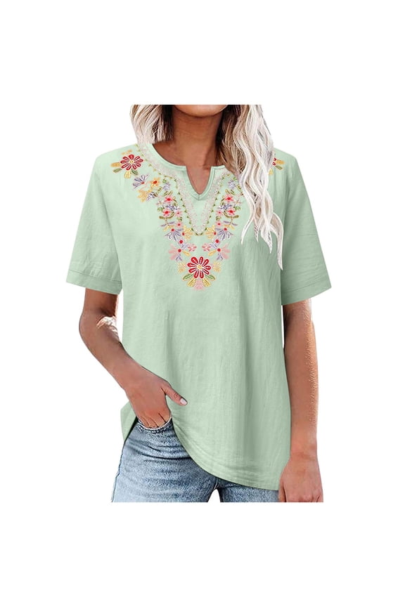 Women's Summer T-Shirts Cotton Linen Short Sleeve Notch V Neck Shirts Casual Loose Fit T Shirt Trendy Mexican Embroidered Blouses Time Limited Sale ZD Green 2XL