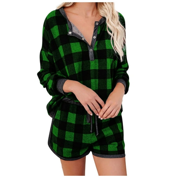 Dagegui Womens 2 Piece Plaid Pajamas Sets Soft Comfy Sleepwear Set Long Sleeve Crewneck Button Shirts and Shorts Matching Outfits Lounge Wear Green 2XL