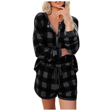 Dagegui Womens 2 Piece Plaid Pajamas Sets Soft Comfy Sleepwear Set Long Sleeve Crewneck Button Shirts and Shorts Matching Outfits Lounge Wear Clearance Sale Gray L