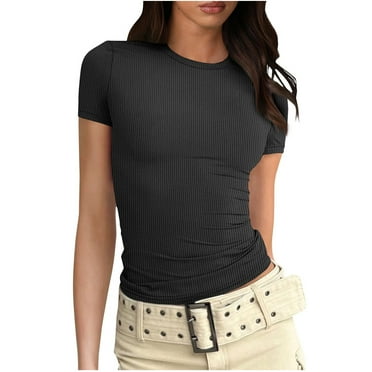 Dagegui Womens Basic T-Shirts Summer Knit Crewneck Short Sleeve Shirts Solid Casual Slim Fit Blouse Tops Black S-2XL