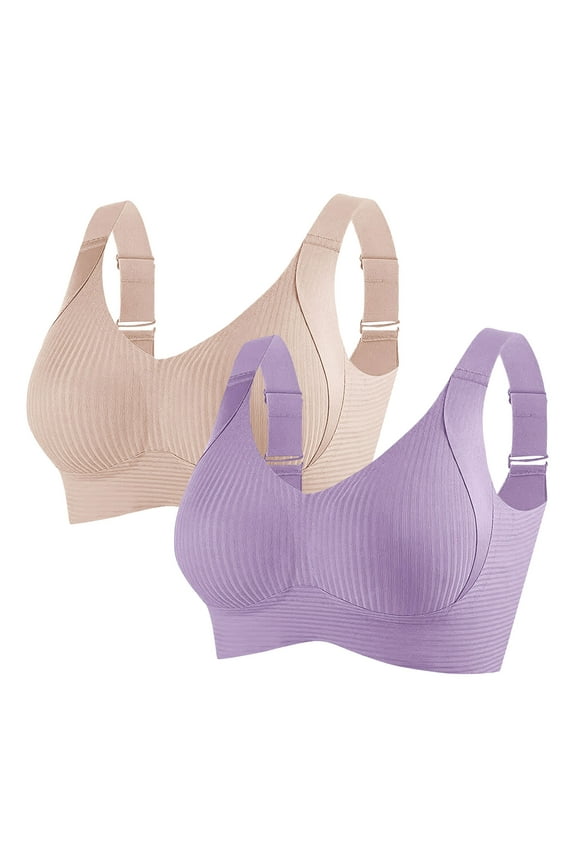 Womens Bras 1X 2 Pcs Wirefree Bras for Women Solid Color Adjustable Straps Push Up Bra Anti Sagging Shape Lifting Underwear Bralettes Purple
