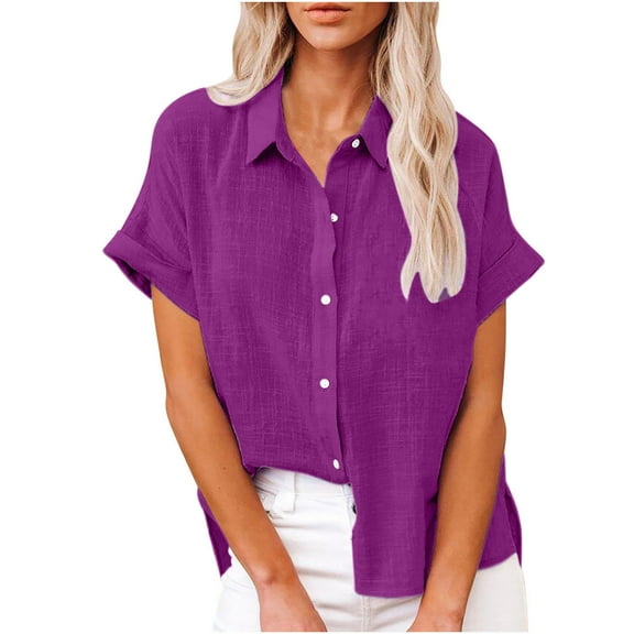 Dagegui Womens Button Down Cotton Linen Shirts V Neck Roll Up Short Sleeve Blouse Casual Collared Work Tees Top Solid Summer Loose T-Shirts Purple S-2XL