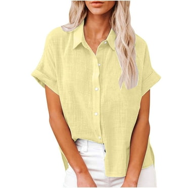 Dagegui Womens Button Down Cotton Linen Shirts V Neck Roll Up Short Sleeve Blouse Casual Collared Work Tees Top Solid Summer Loose T-Shirts Yellow S-2XL