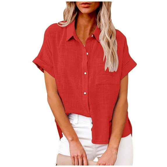 Dagegui Womens Button Down Cotton Linen Shirts Linen Roll-Up Short Sleeve Blouse Summer V Neck Collared Tees Casual Tops with Chest Pocket Red S-5XL