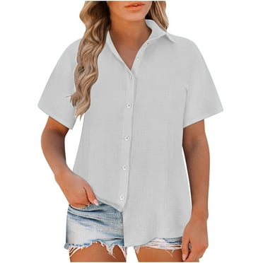 Dagegui Womens Button Down Cotton Linen Shirts Linen V Neck Short Sleeve Blouses Loose Collared Shirt Plus Size Casual Tops Gray S-5XL