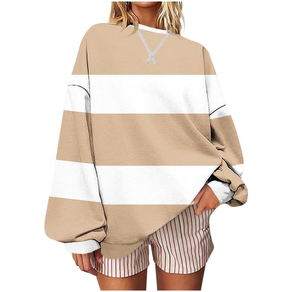 Dagegui Womens Crewneck Sweatshirts Striped Color Block Long Sleeve Pullover Fall Outfits | Fashion Preppy Oversized, Loose Fit, Casual Daily Clothes Beige L