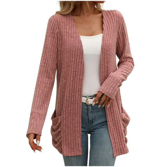 Dagegui Womens Fashion Cardigan Sweater Fall Knit Open Front Cardigans Long Sleeve Solid Color Casual Outwear with Pockets Pink S